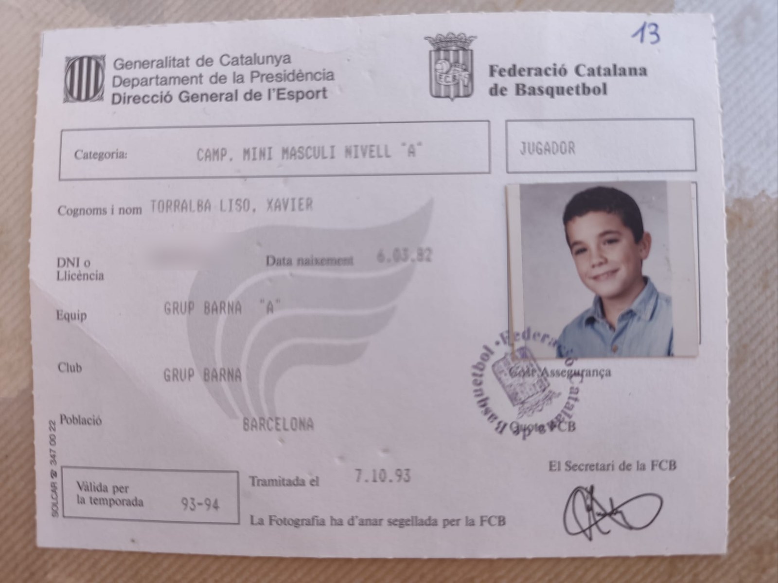 Llicència federativa de la Federació Catalana de Basquetbol de Xavier Torralba Liso, Grup Barna, temporada 1993-94