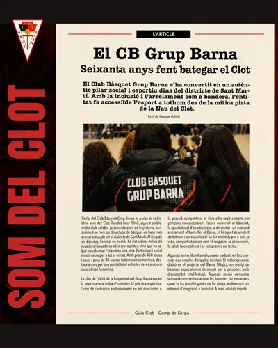 Portada de l'article «El CB Grup Barna: seixanta anys fent bategar el Clot» a la revista Guia Clot, amb foto de l'equip infantil davant el bàner del club